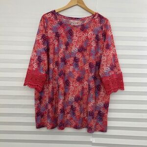 Woman Within Pink Floral Crochet Lace Cuff 3/4 Sleeve Knit Top 1X 22/24 Festive